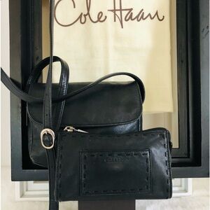 COLE HAAN Black Leather Crossbody & Zipper Pouch Set